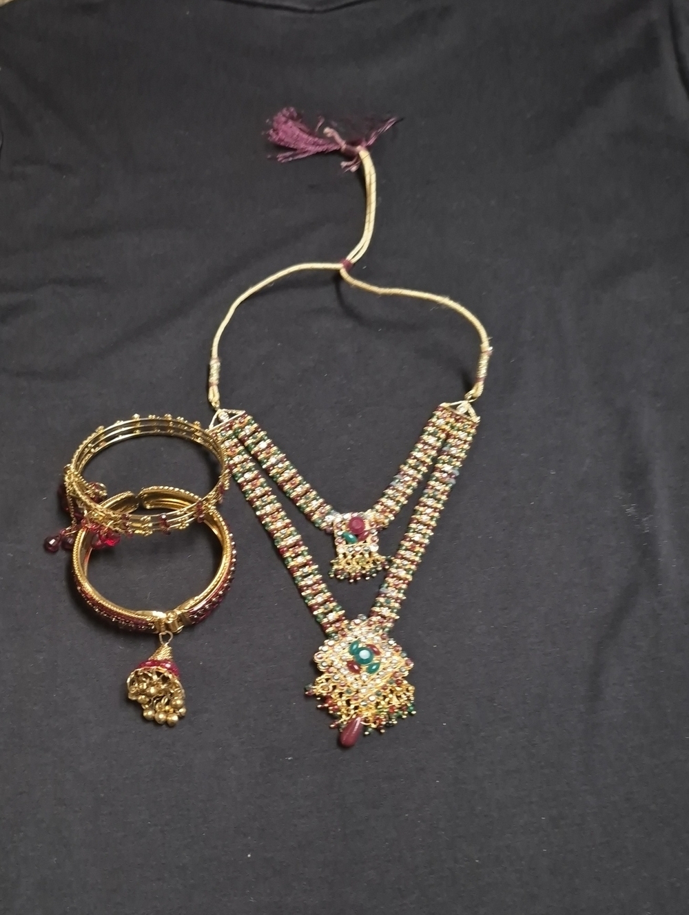 Gold-Tone Multicolor Kundan Necklace Set with Bangles - Pink & Green Accents